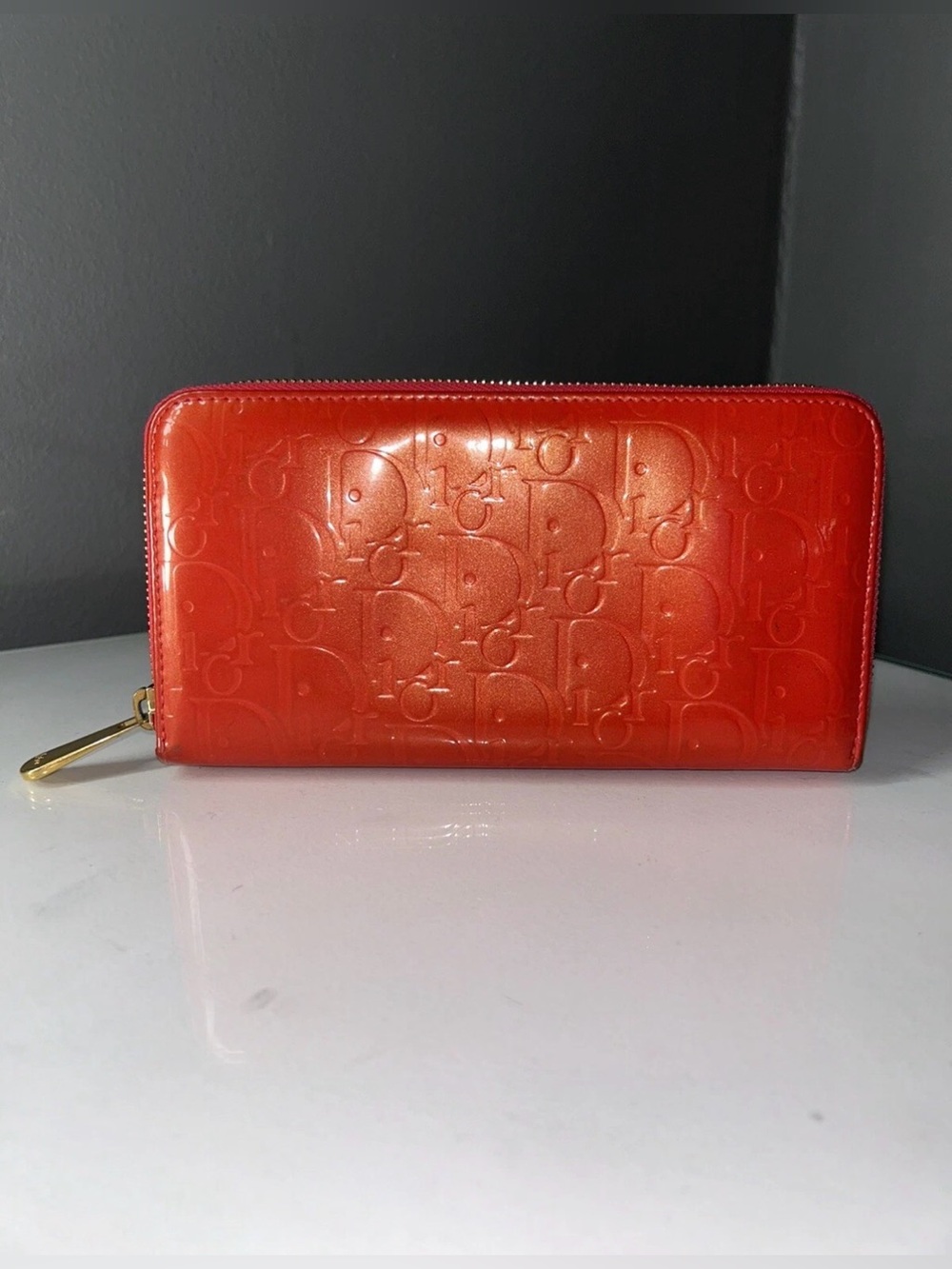 Christian Dior Diorissimo Red Patent Leather Zippy Wallet